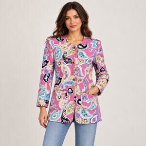 Vintage Rena Lange Pink Quilted Paisley Print Jacket Italy Blazer Medium -